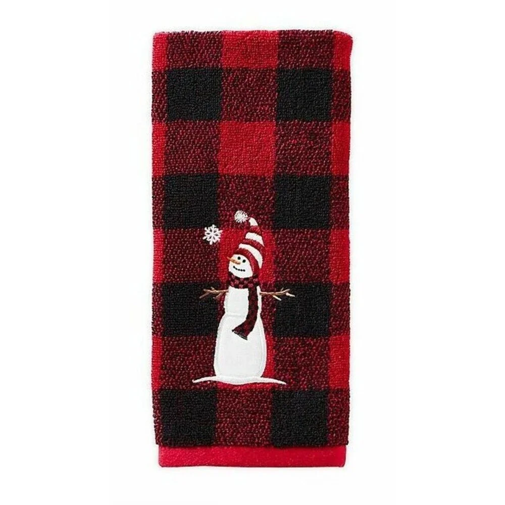 Christmas Winter Snowman Hand Towels Embroidered Buffalo Plaid Set of 2